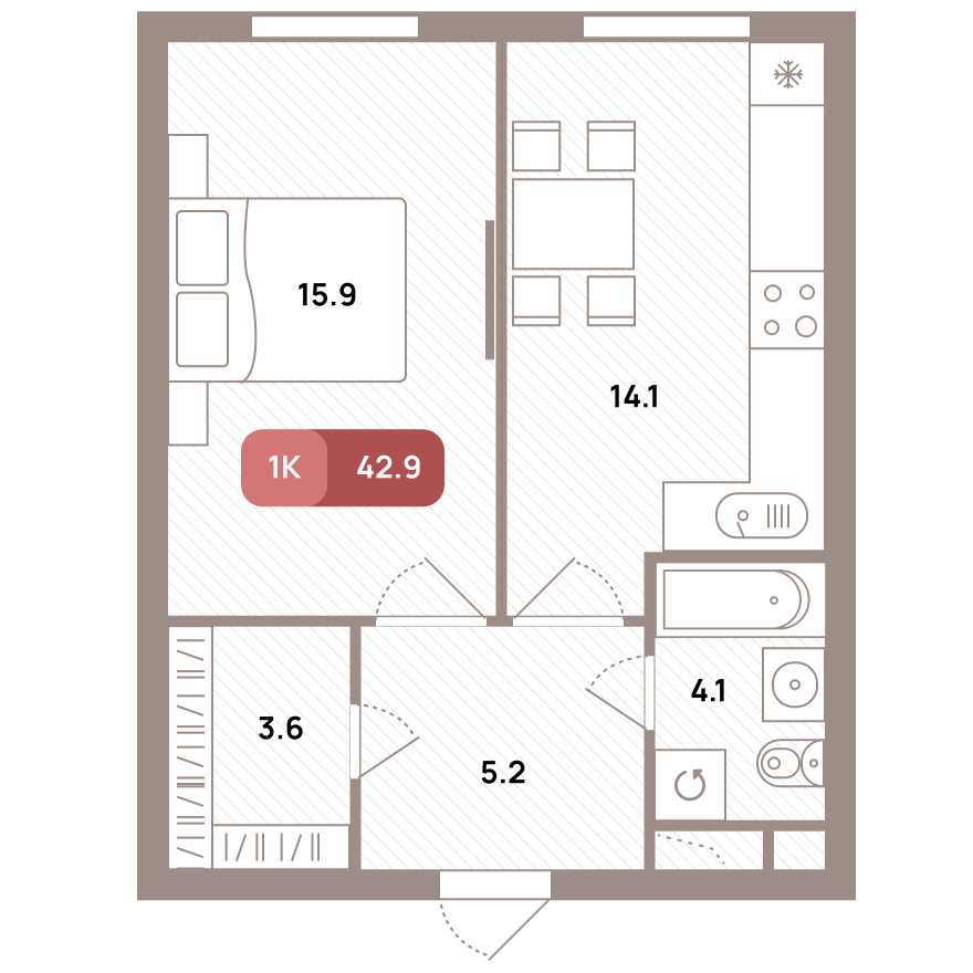 1 комн. квартира, 42.9 м², 16 этаж 