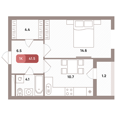 1 комн. квартира, 41.4 м², 16 этаж 