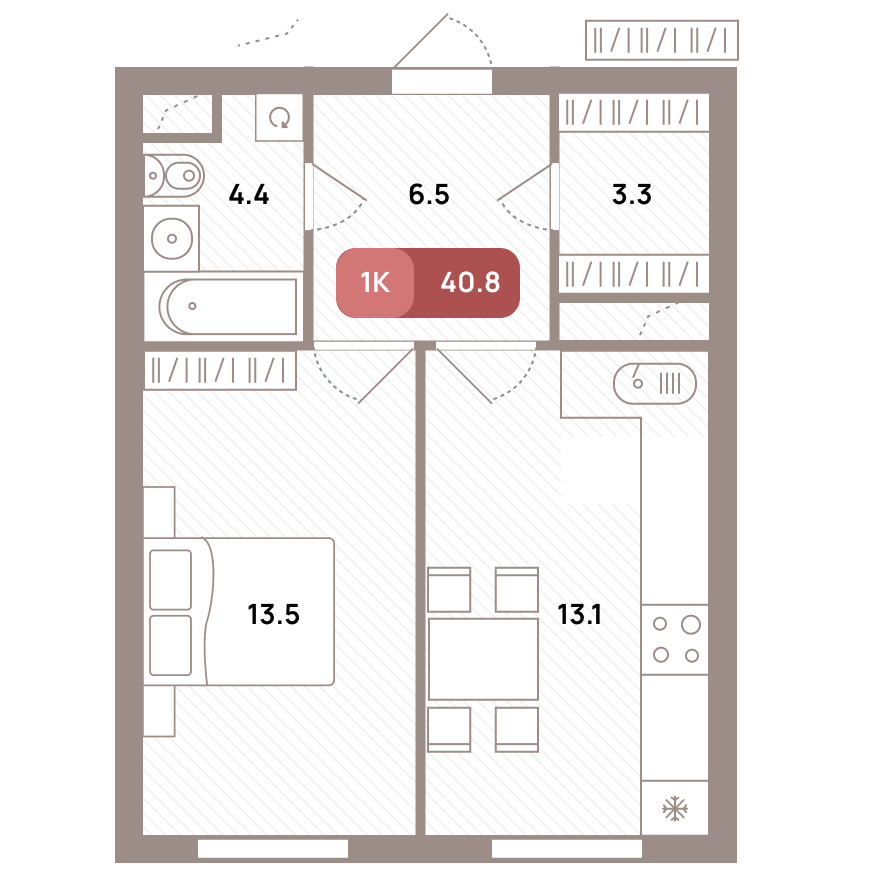 1 комн. квартира, 40.8 м², 27 этаж 