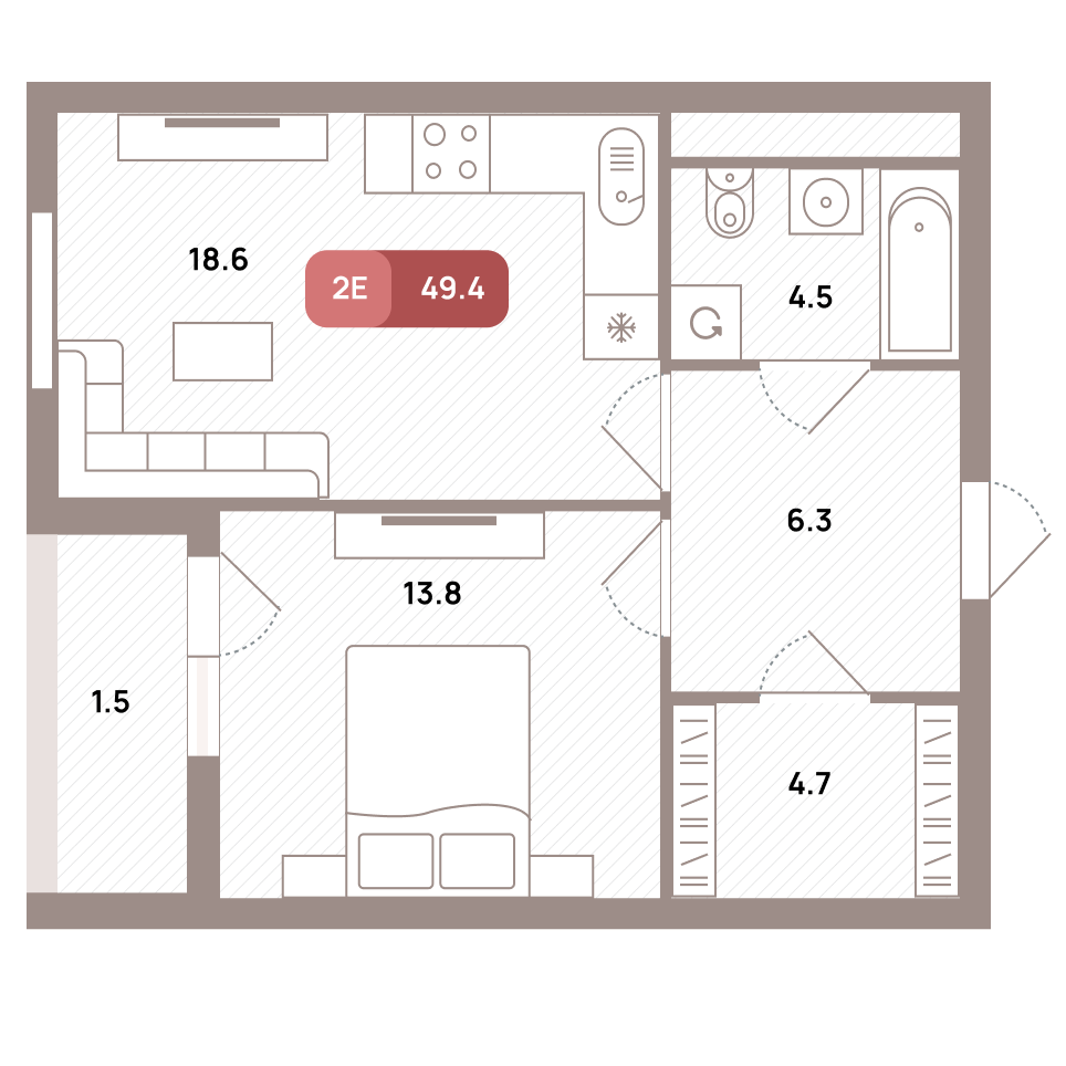 2 комн. квартира, 49.4 м², 27 этаж 