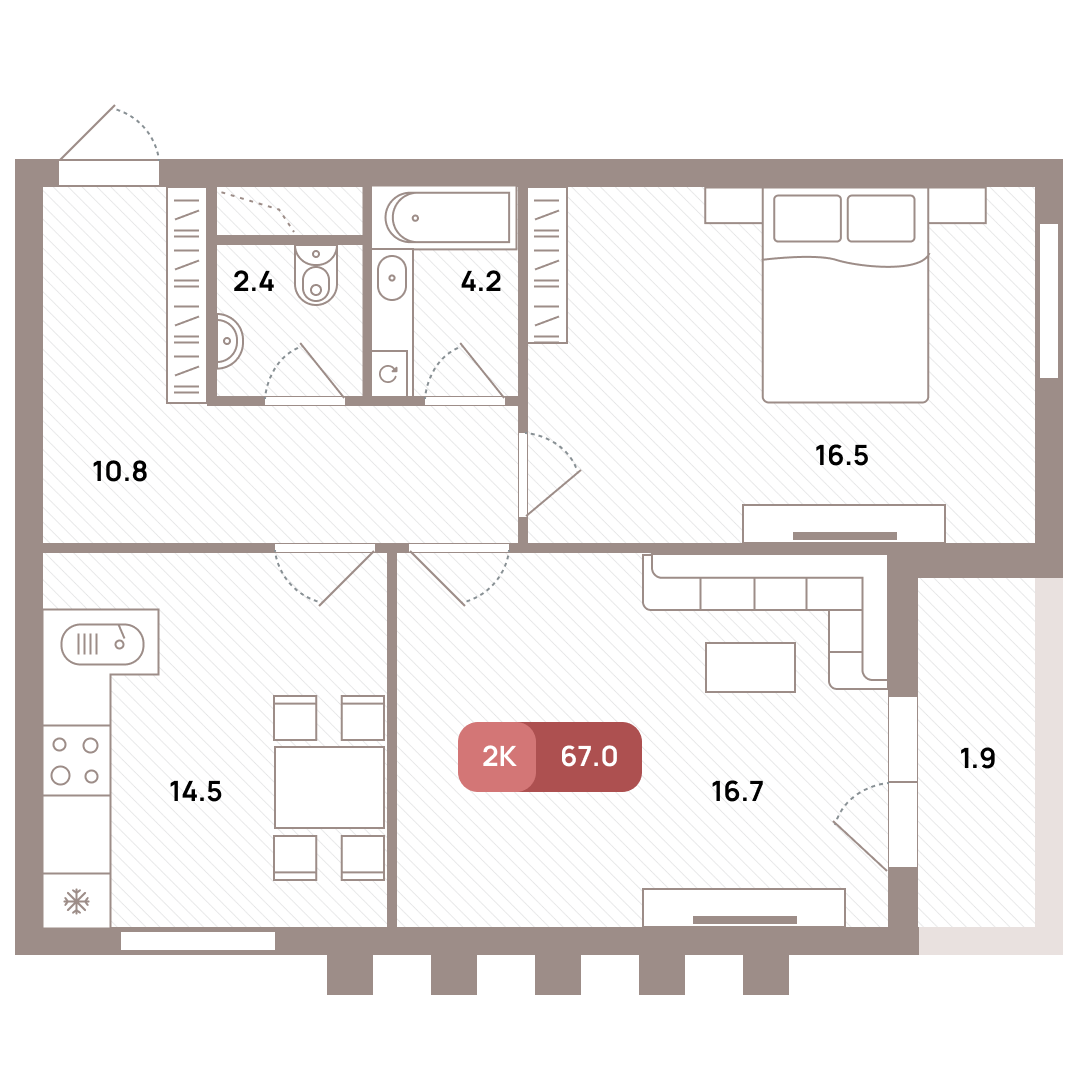 2 комн. квартира, 67 м², 2 этаж 