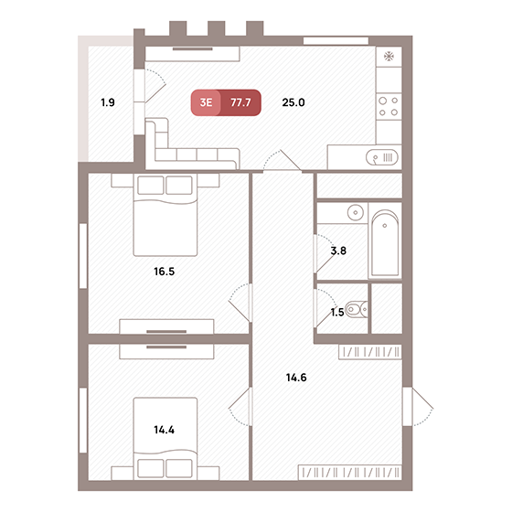 3 комн. квартира, 77.6 м², 15 этаж 