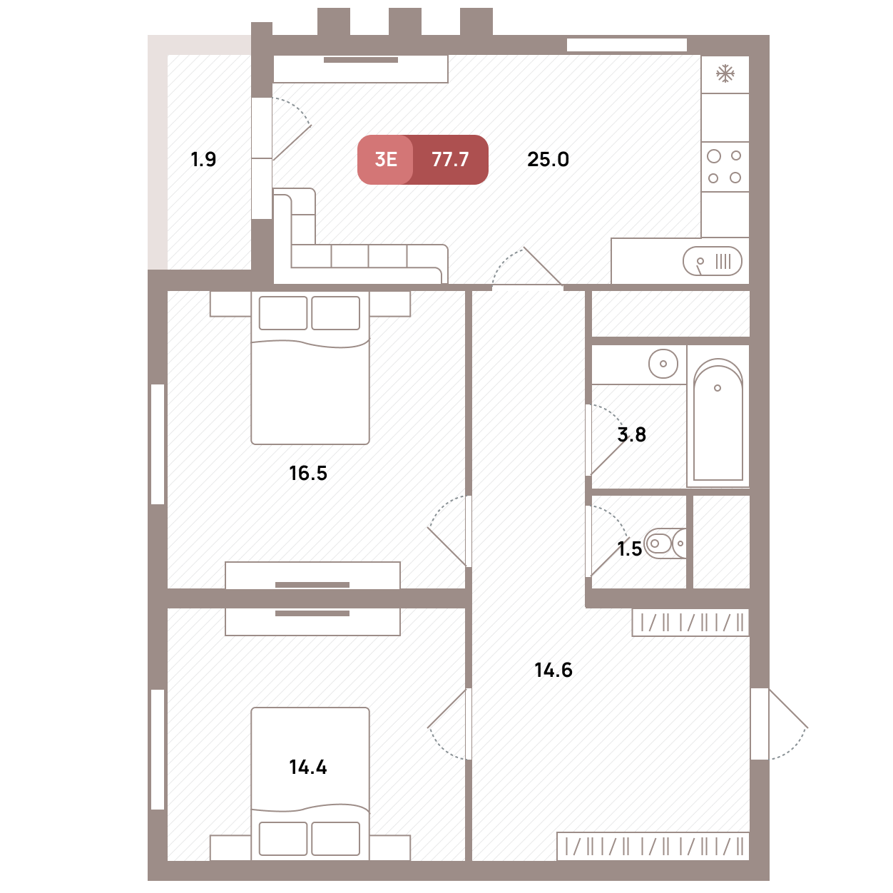 3 комн. квартира, 77.7 м², 16 этаж 