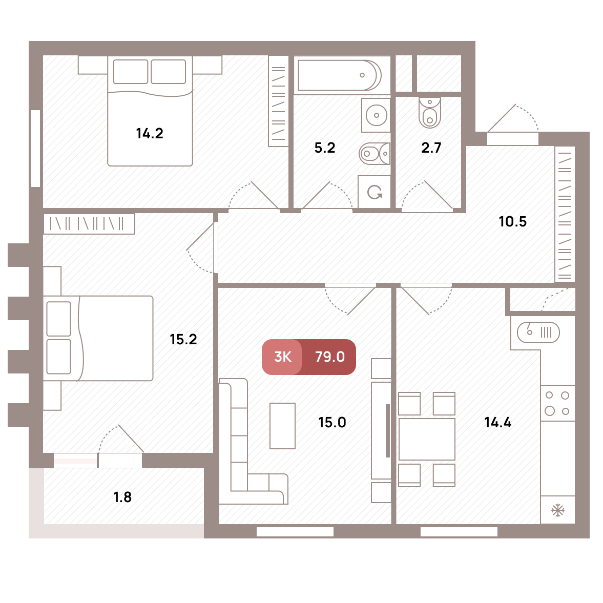 3 комн. квартира, 79 м², 15 этаж 