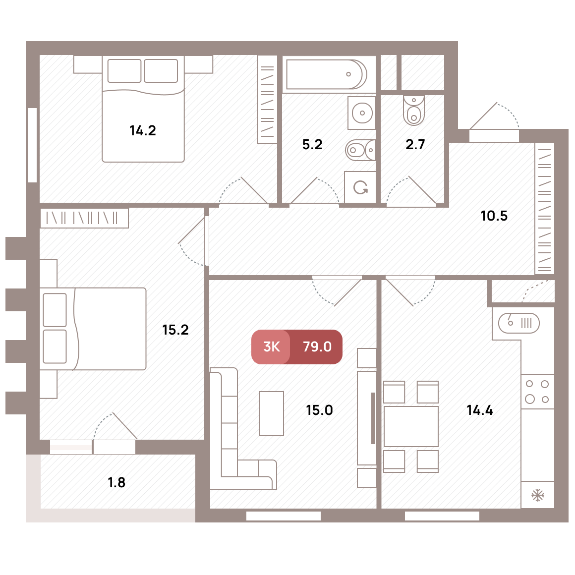 3 комн. квартира, 79 м², 23 этаж 