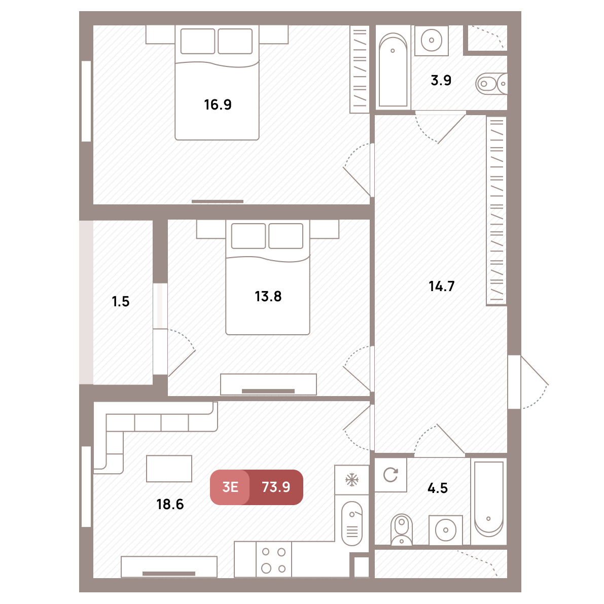 3 комн. квартира, 73.9 м², 27 этаж 