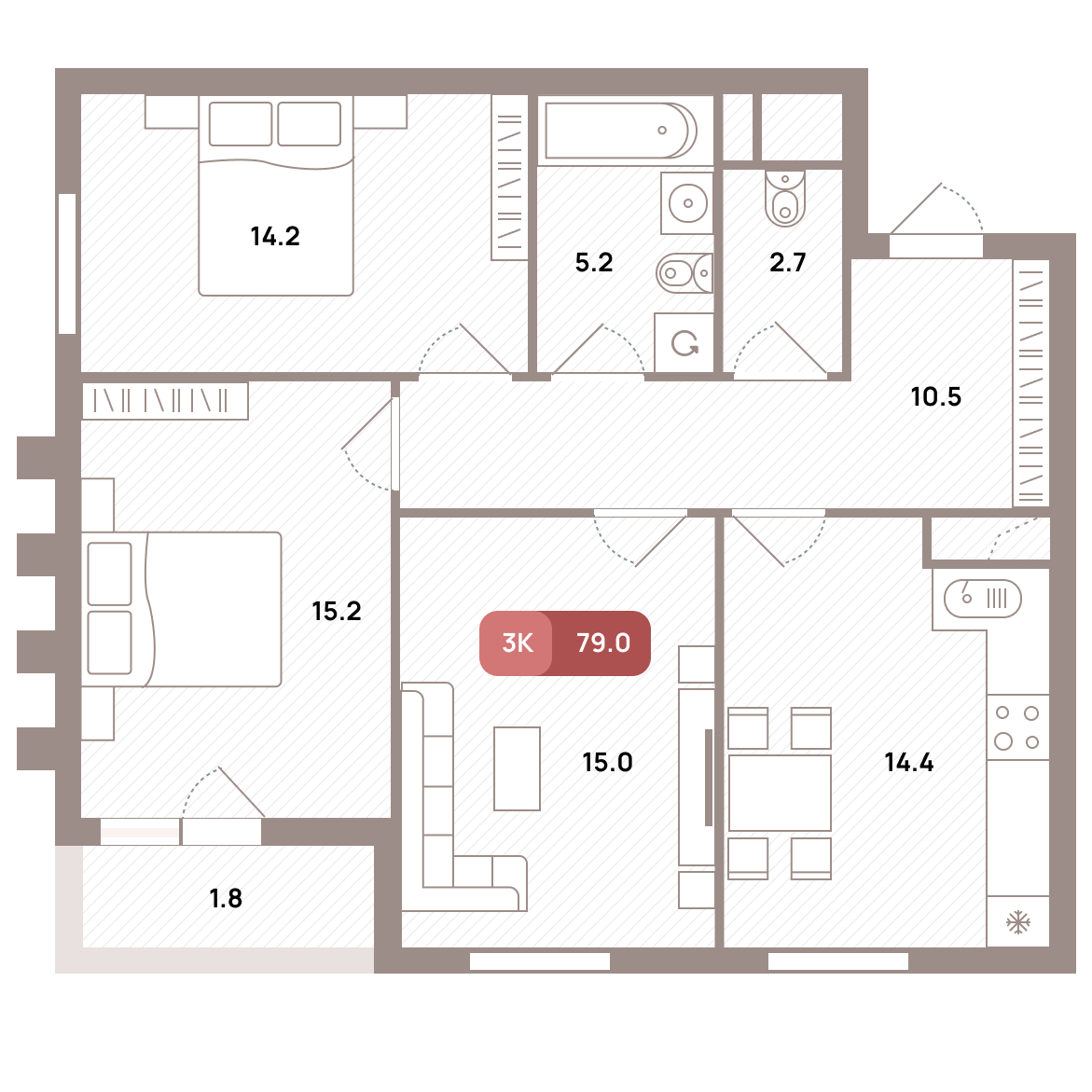 3 комн. квартира, 79 м², 27 этаж 