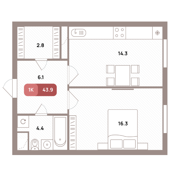 1 комн. квартира, 43.9 м², 19 этаж 