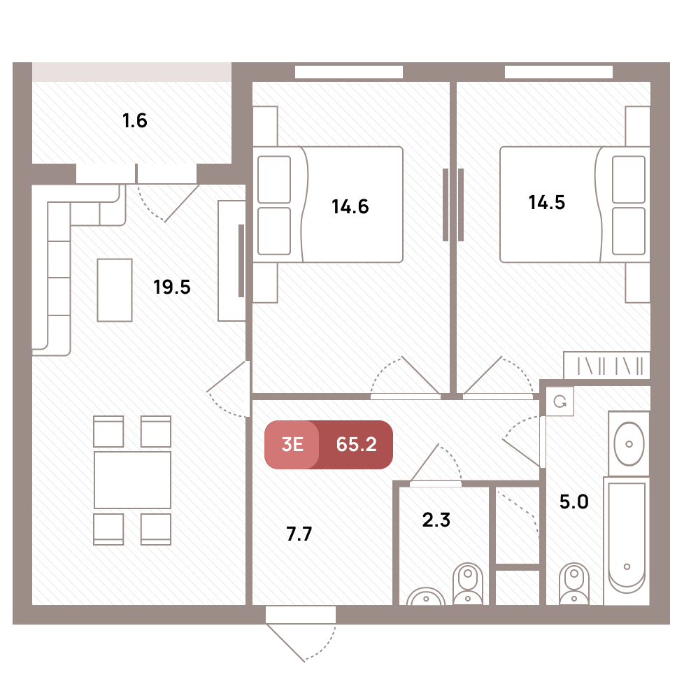 3 комн. квартира, 65.2 м², 2 этаж 