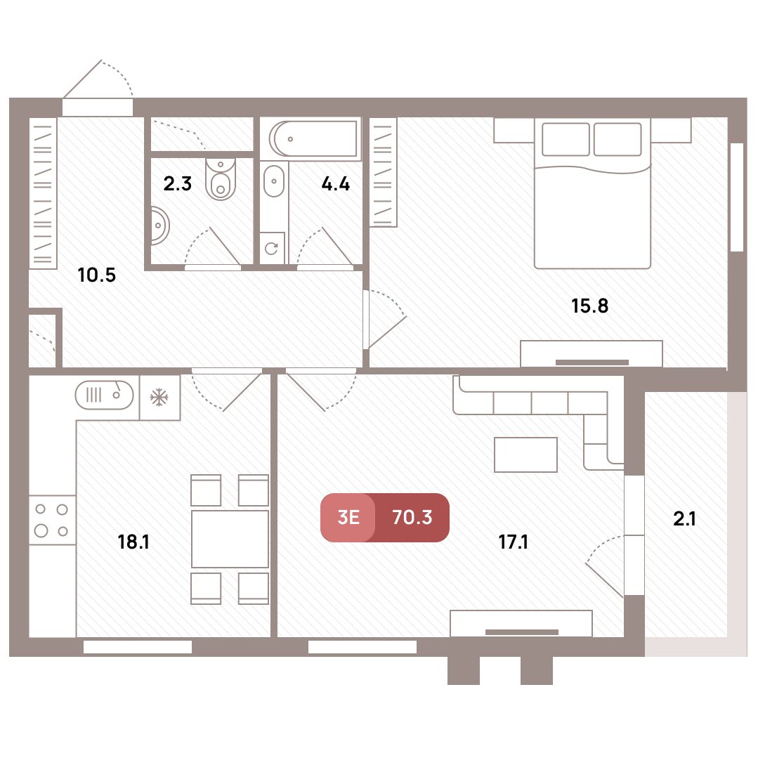 3 комн. квартира, 70.3 м², 2 этаж 