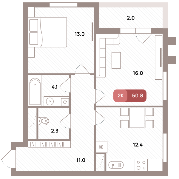 2 комн. квартира, 60.8 м², 19 этаж 