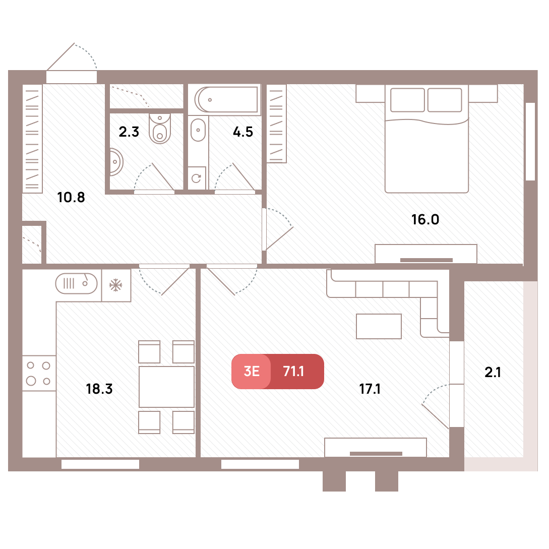 3 комн. квартира, 71.1 м², 7 этаж 