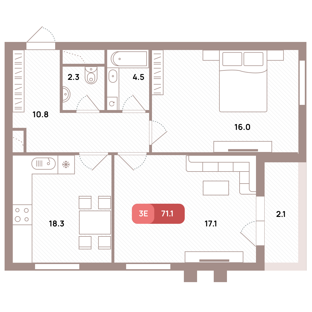 3 комн. квартира, 71.1 м², 11 этаж 