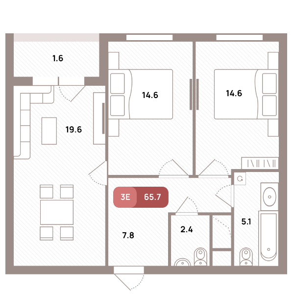3 комн. квартира, 65.7 м², 19 этаж 