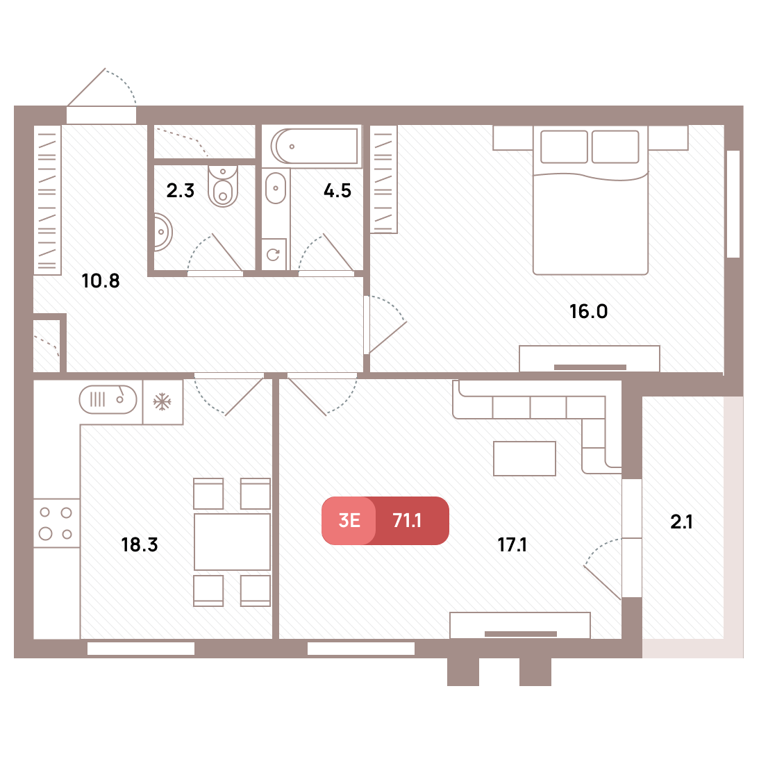 3 комн. квартира, 71.1 м², 19 этаж 