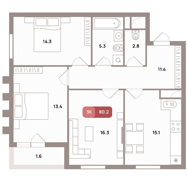 3 комн. квартира, 80.2 м², 19 этаж 