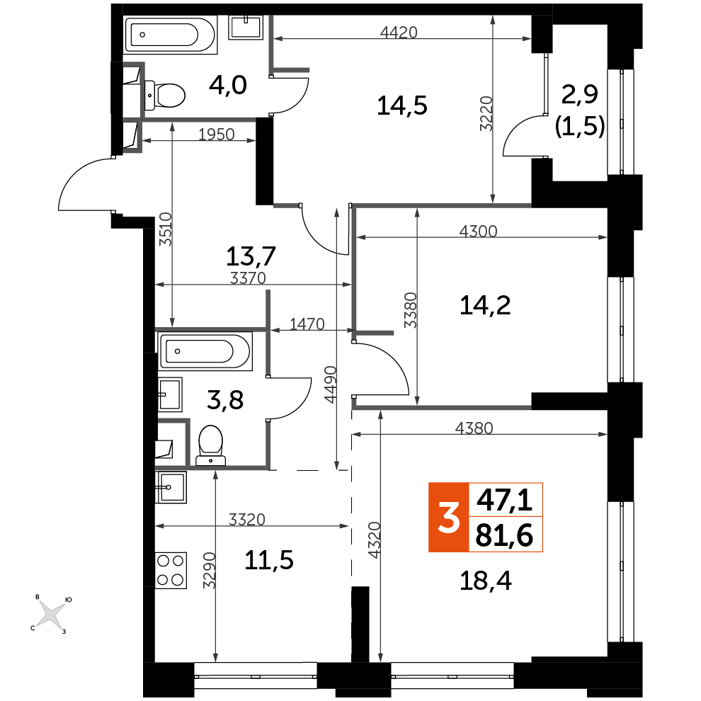 3 комн. квартира, 81.6 м², 12 этаж 