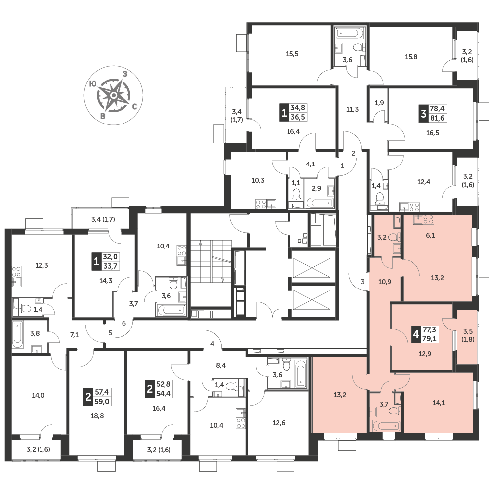 4 комн. квартира, 78.8 м², 25 этаж 