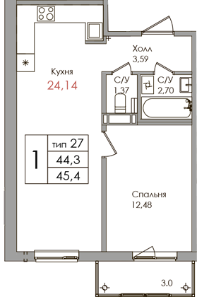 1 комн. квартира, 44.3 м², 6 этаж 