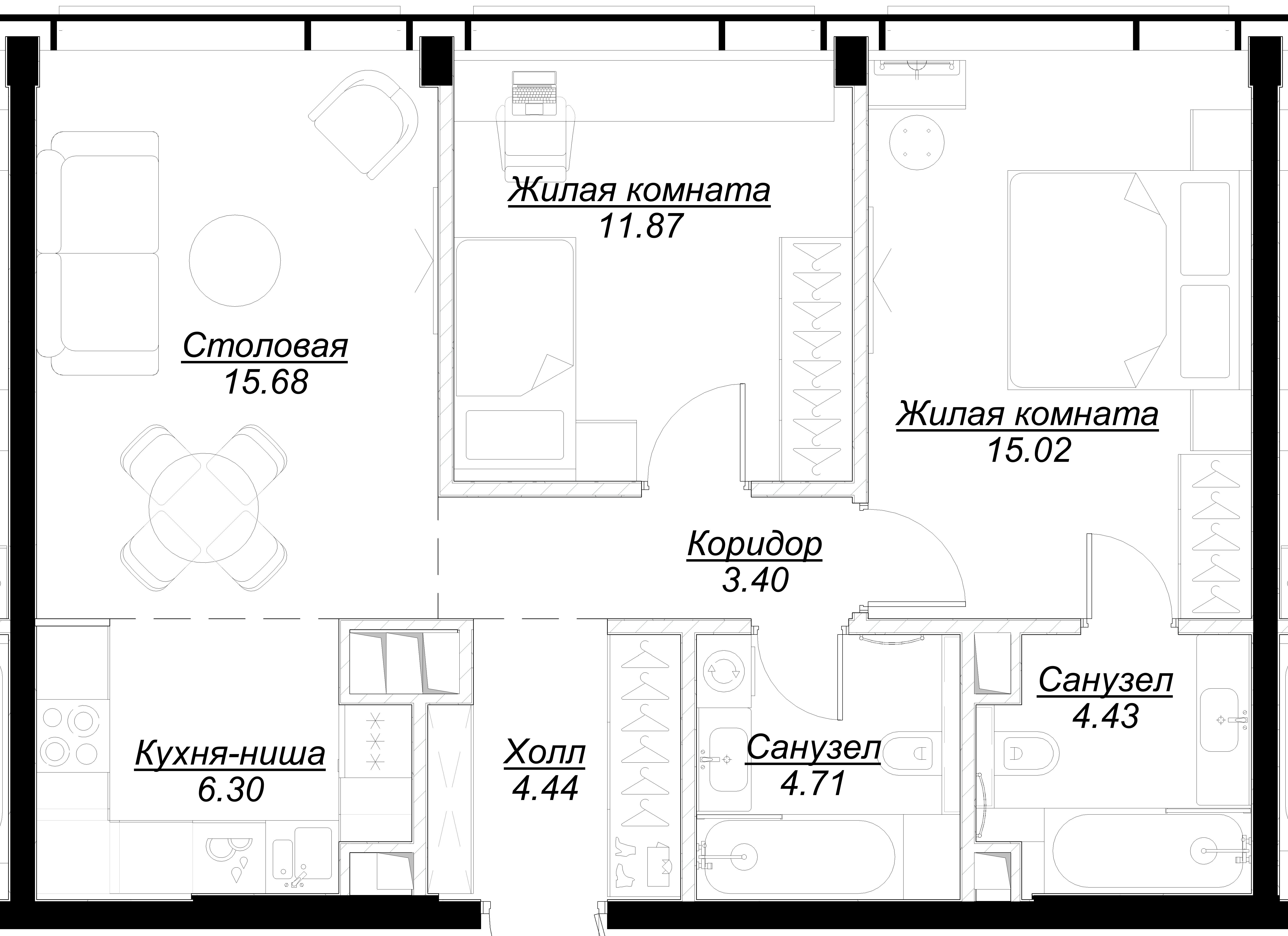 2 комн. квартира, 64.2 м², 50 этаж 