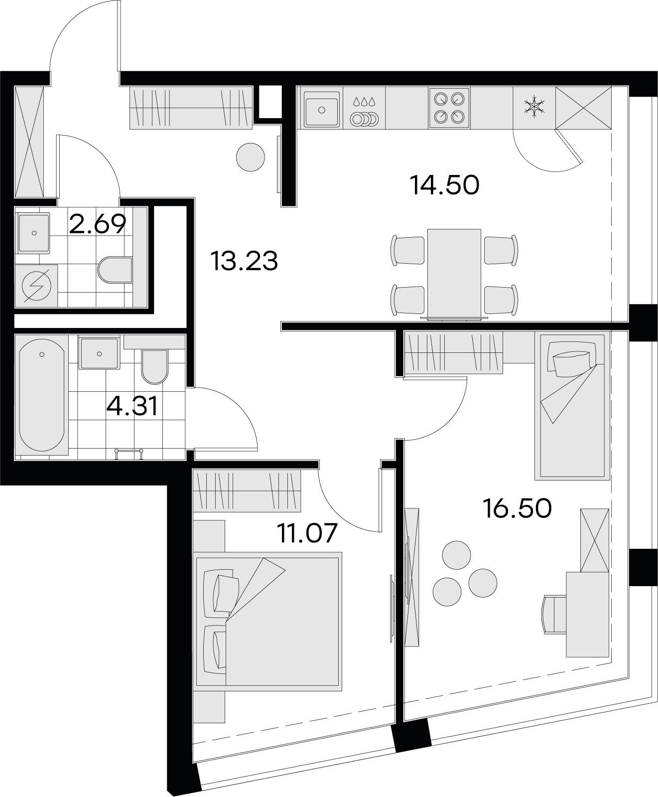 2 комн. квартира, 62.3 м², 14 этаж 
