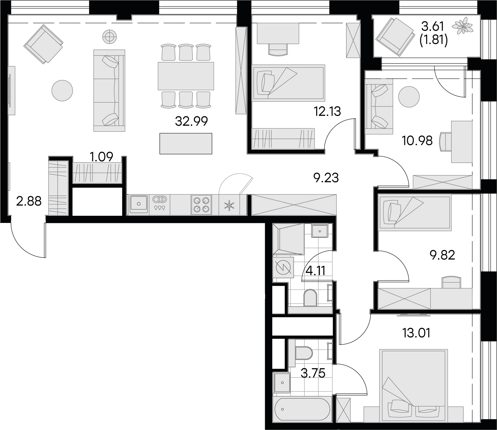 3 комн. квартира, 101.8 м², 11 этаж 
