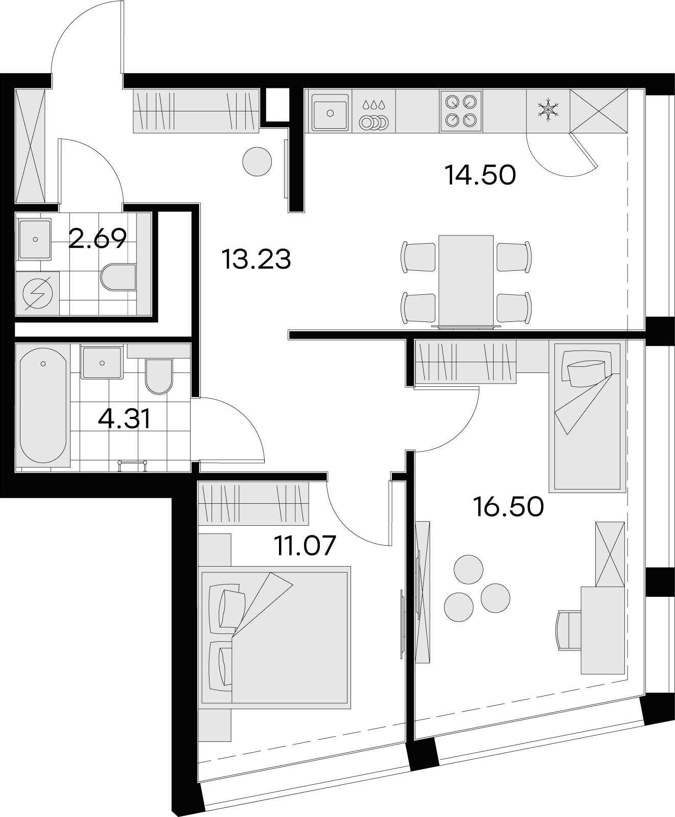 2 комн. квартира, 62.3 м², 17 этаж 