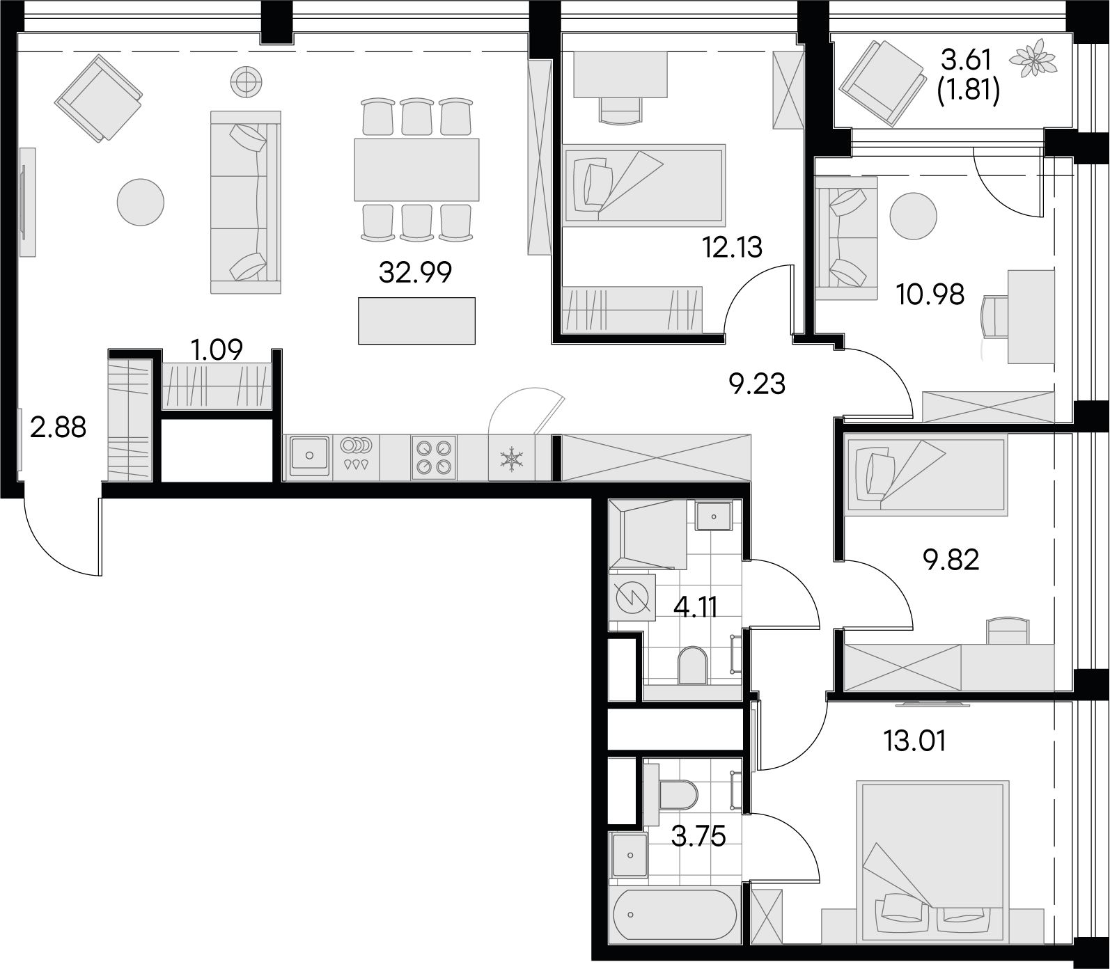 3 комн. квартира, 101.8 м², 17 этаж 