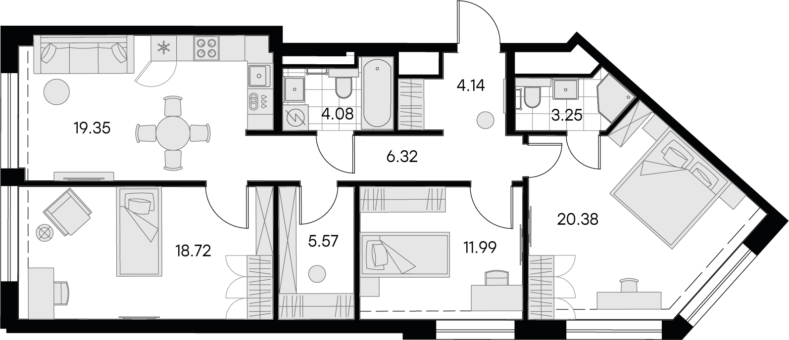 2 комн. квартира, 93.8 м², 4 этаж 