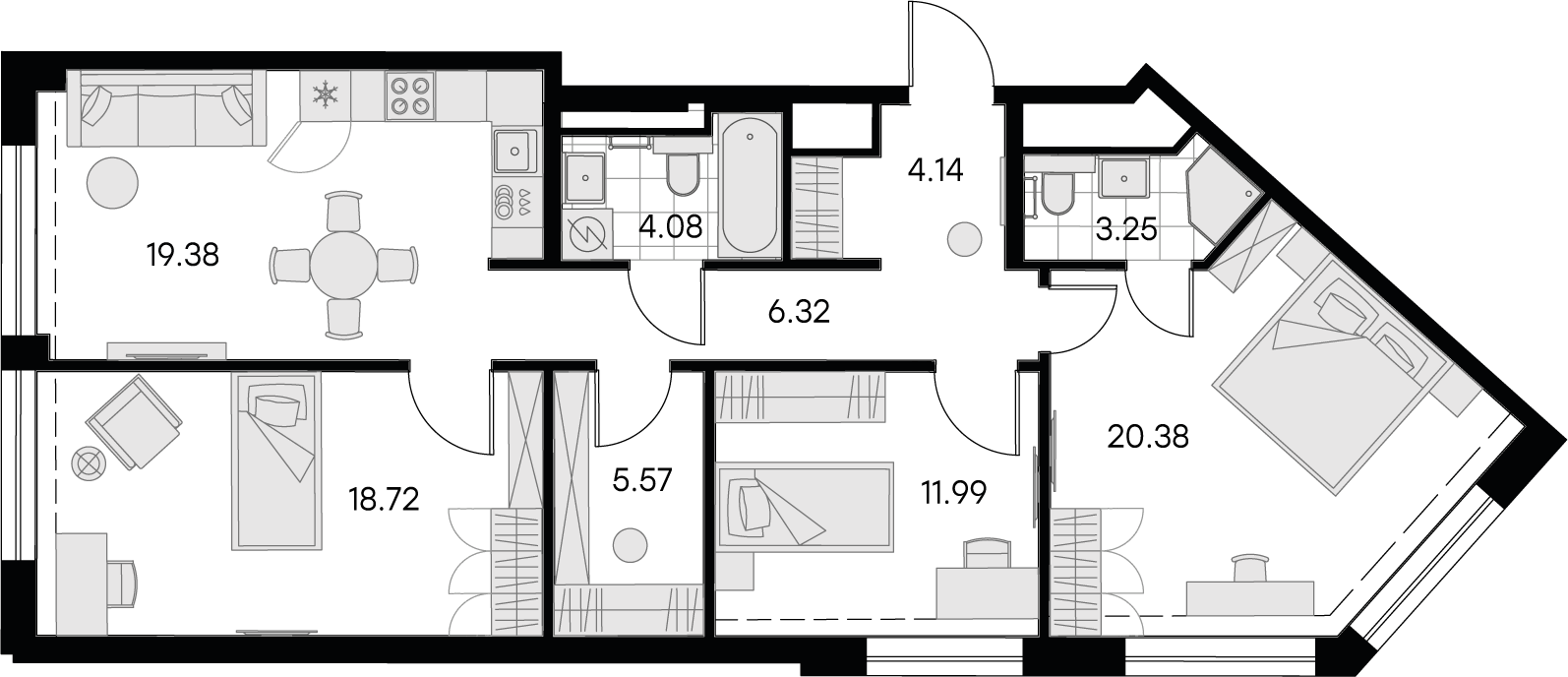 2 комн. квартира, 93.8 м², 5 этаж 