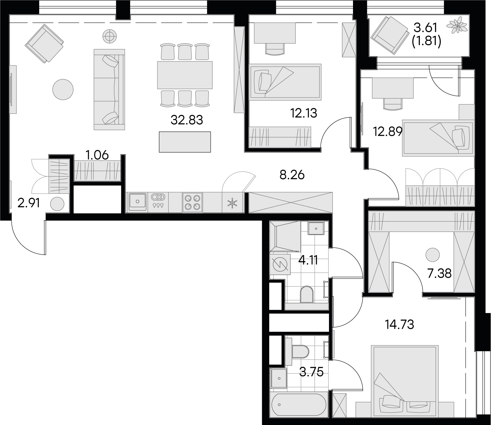 2 комн. квартира, 101.9 м², 6 этаж 
