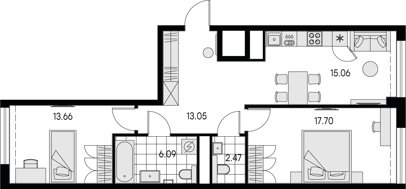 2 комн. квартира, 68 м², 3 этаж 