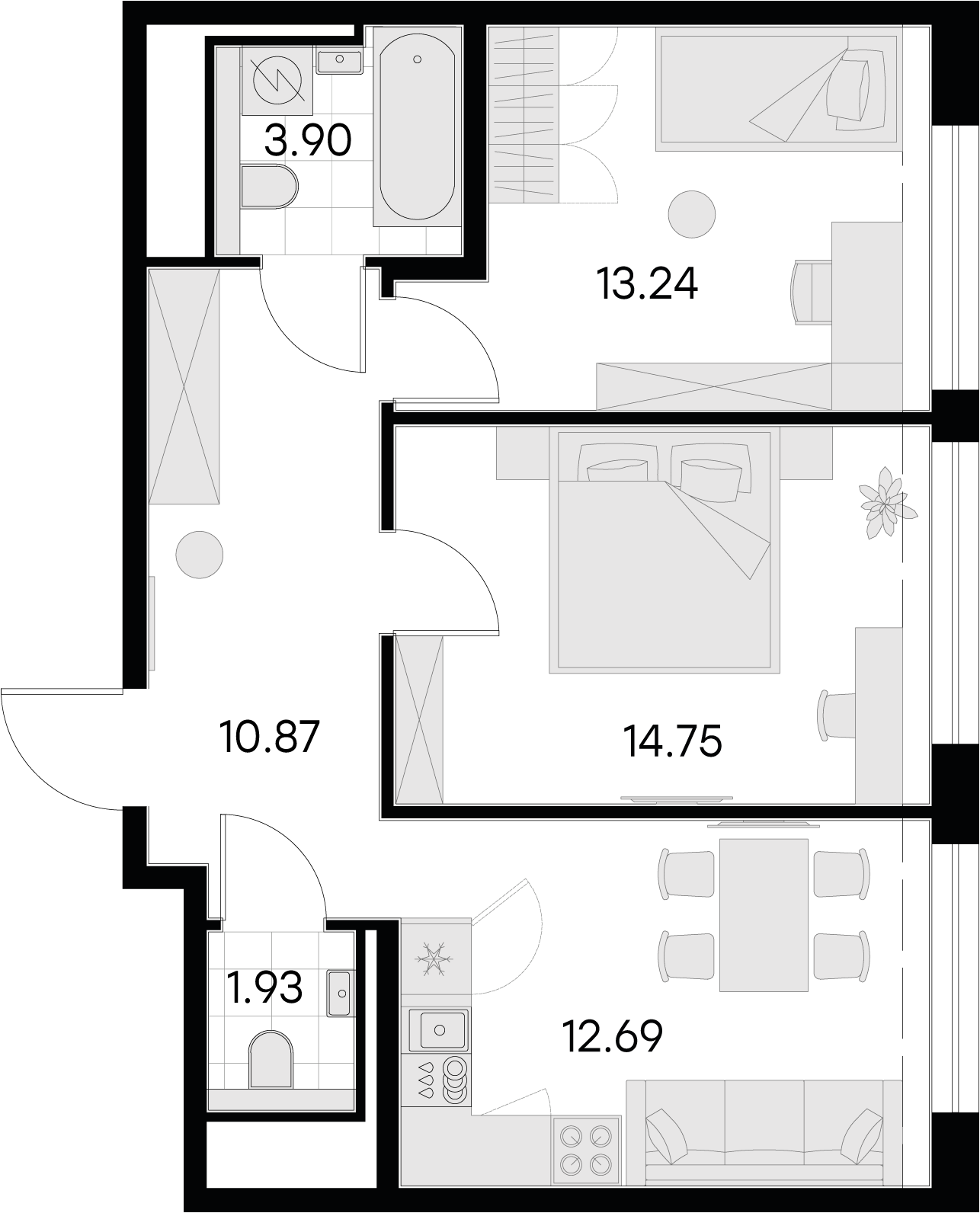 2 комн. квартира, 57.4 м², 10 этаж 