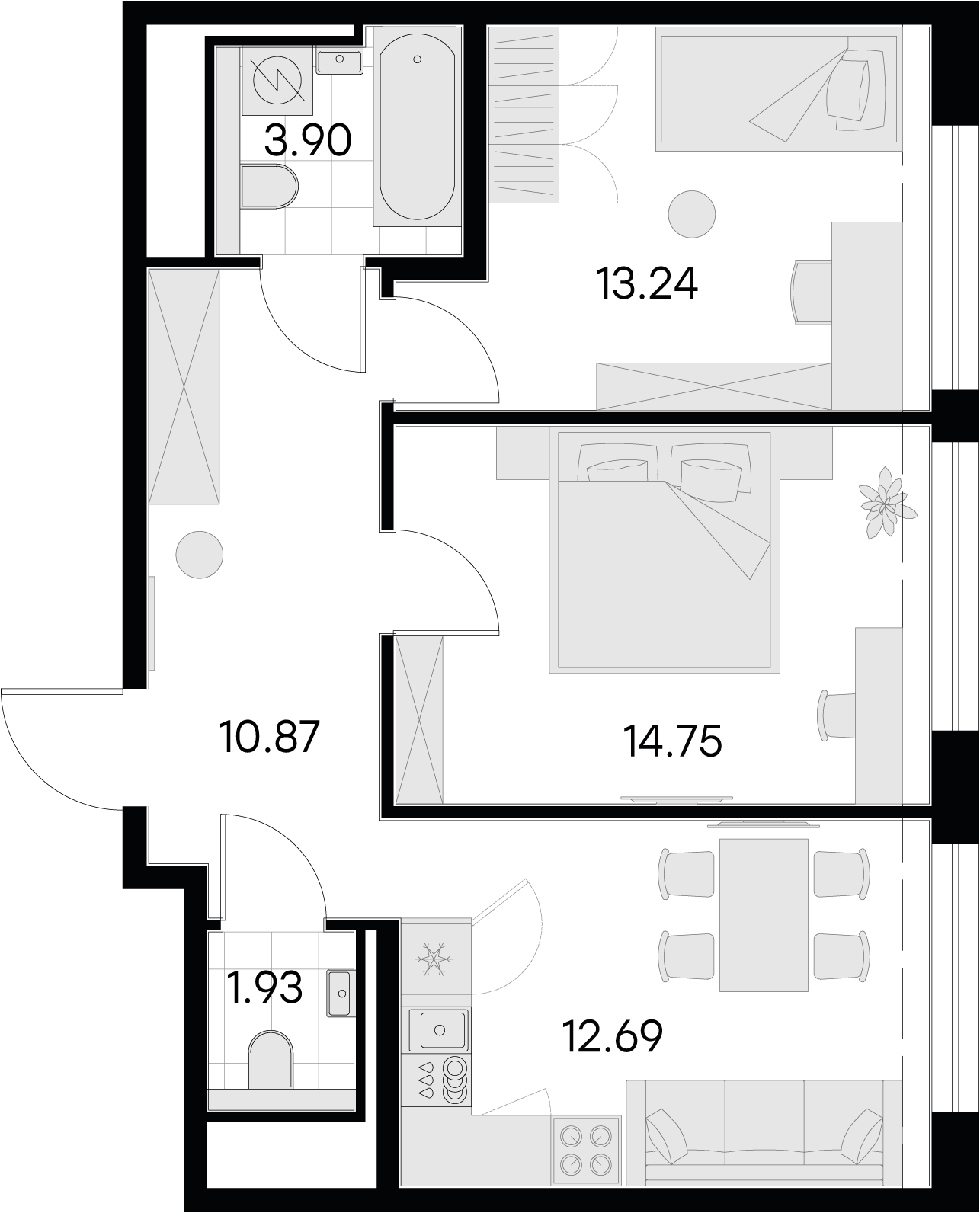 2 комн. квартира, 57.4 м², 12 этаж 