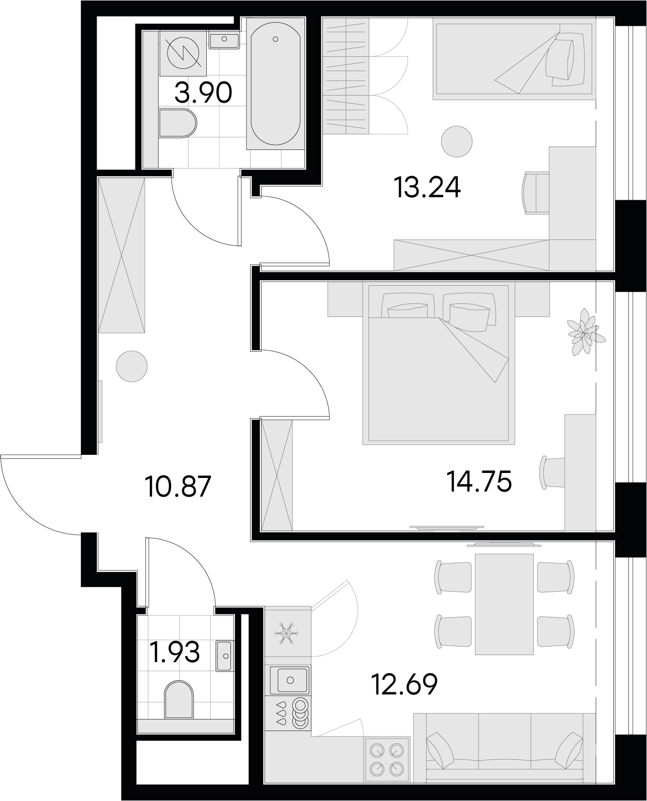 2 комн. квартира, 57.4 м², 13 этаж 