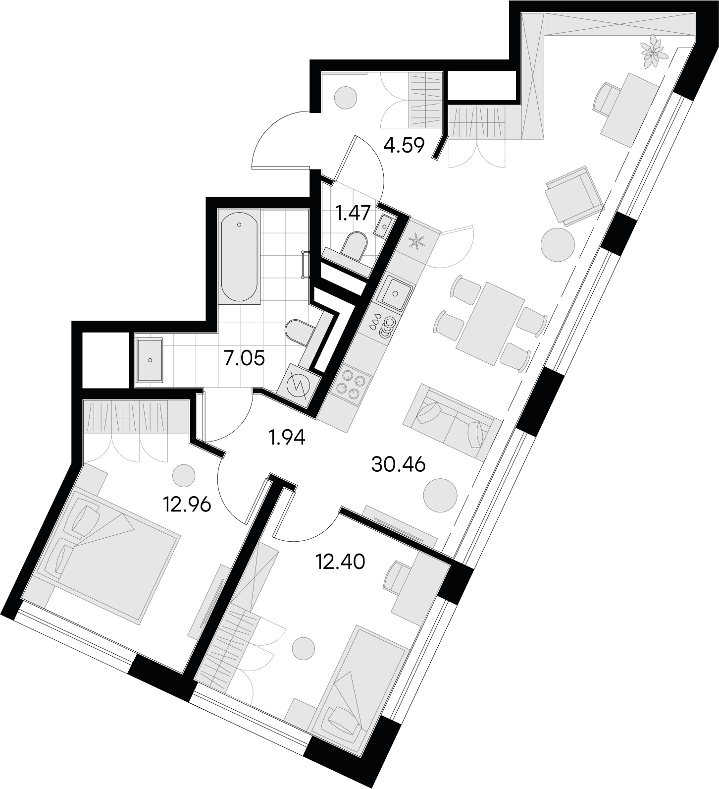 1 комн. квартира, 70.9 м², 15 этаж 