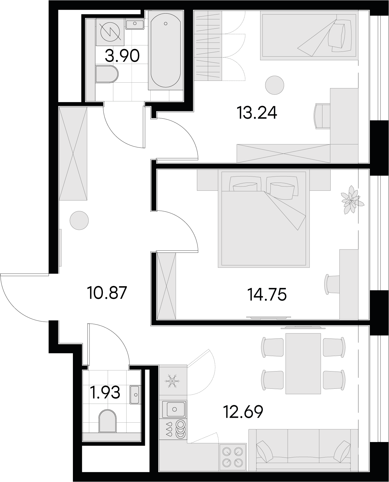 2 комн. квартира, 57.4 м², 15 этаж 