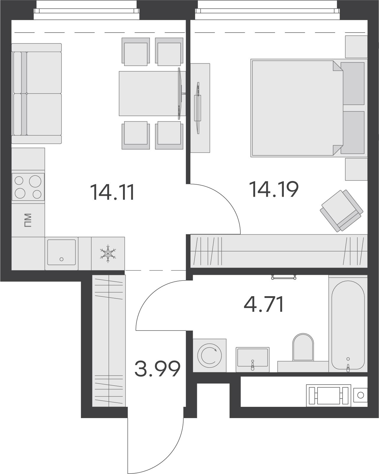 1 комн. квартира, 37 м², 12 этаж 