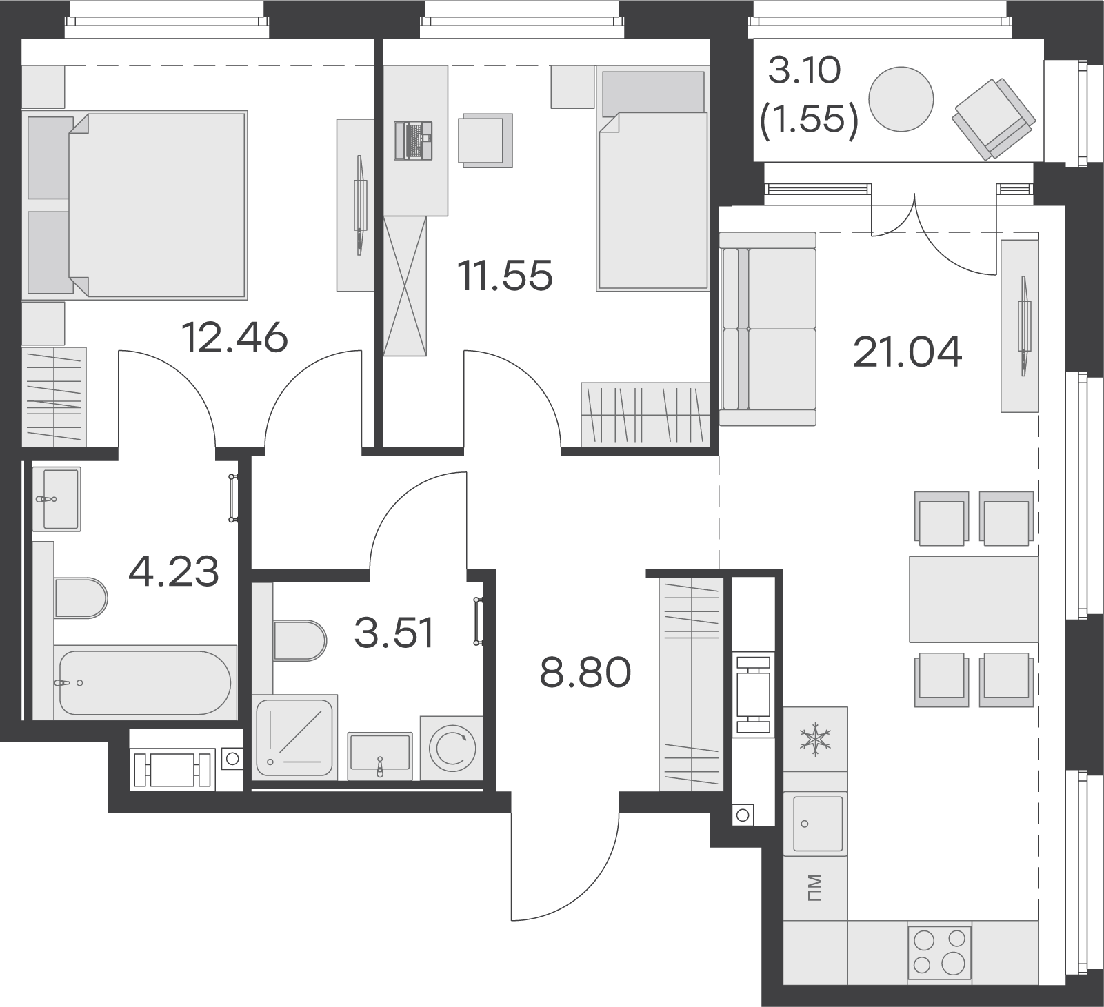 1 комн. квартира, 63.1 м², 4 этаж 