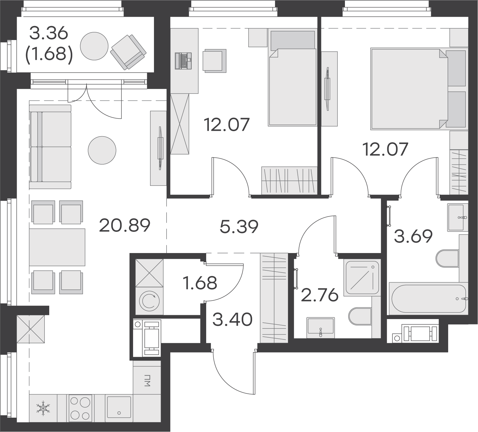 1 комн. квартира, 63.6 м², 2 этаж 