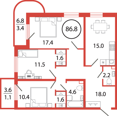 3 комн. квартира, 86.8 м², 2 этаж 