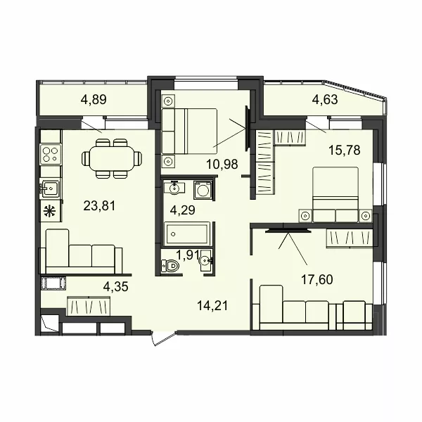 3 комн. квартира, 93.2 м², 5 этаж 