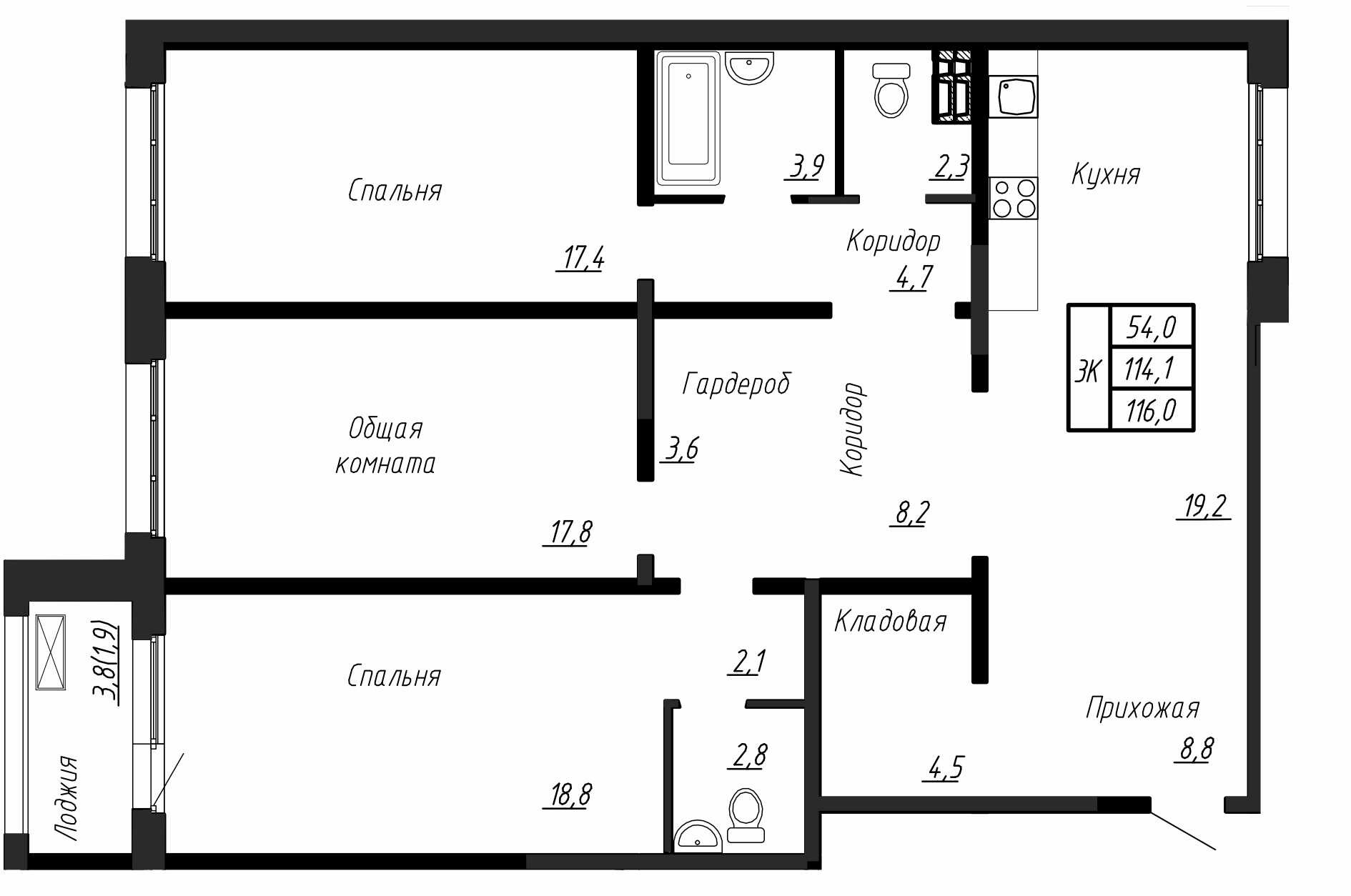 3 комн. квартира, 116 м², 1 этаж 