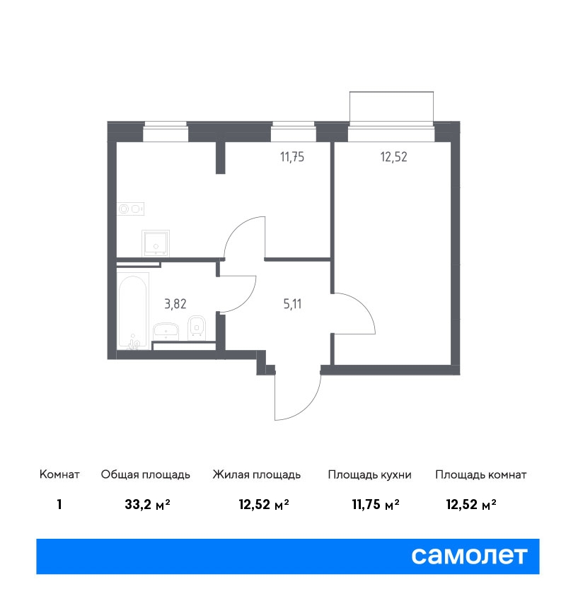 1 комн. квартира, 33.2 м², 2 этаж  (из 19)