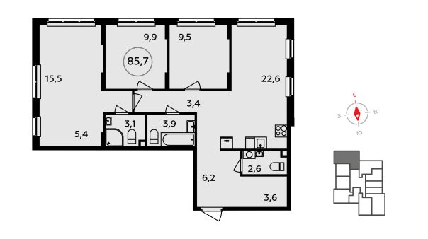 3 комн. квартира, 85.7 м², 2 этаж 