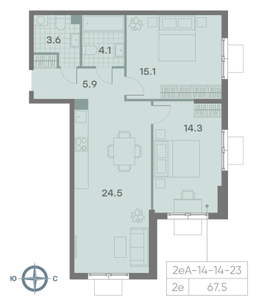 2 комн. квартира, 67.5 м², 19 этаж 