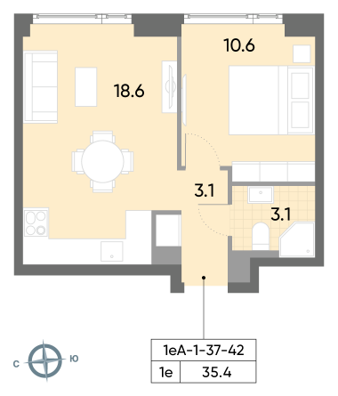 1 комн. квартира, 35.4 м², 42 этаж 