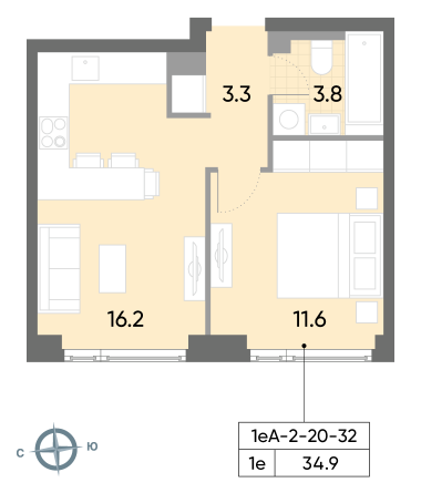 1 комн. квартира, 34.9 м², 29 этаж 