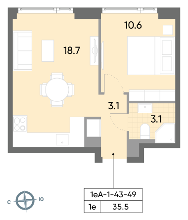 1 комн. квартира, 35.5 м², 43 этаж 