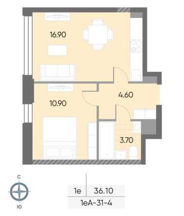1 комн. квартира, 36.1 м², 4 этаж 